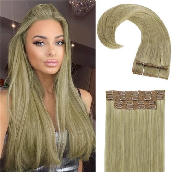4PCS Clip in Long Soft Hair Extensions Synthetic Bleach Blonde Ash